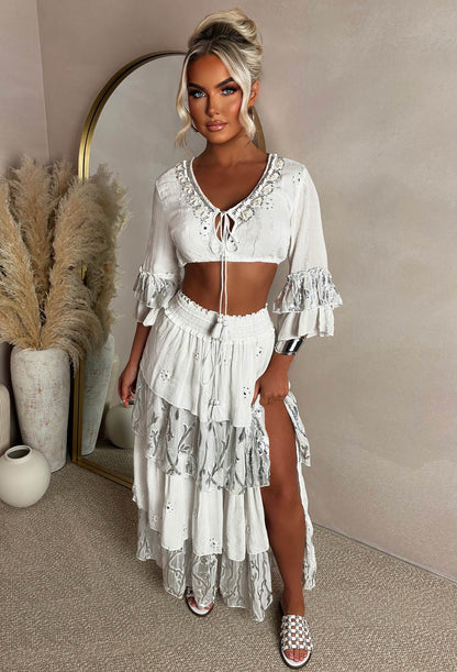 Bahama Breeze White Embroidered Boho Maxi Skirt Co-Ord