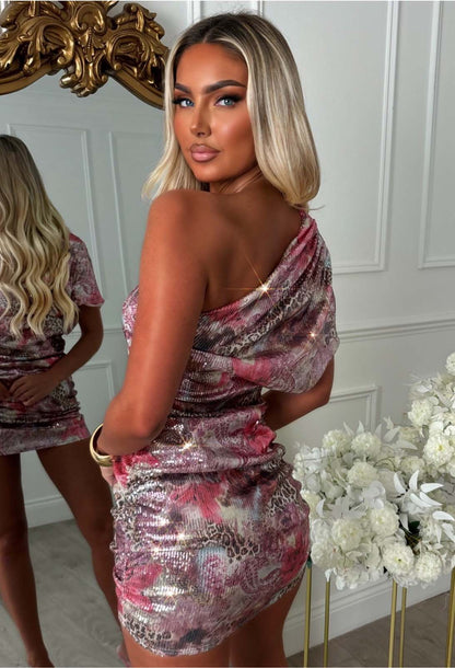 Bali Bella Multi Leopard Print Sequin One Shoulder Dress
