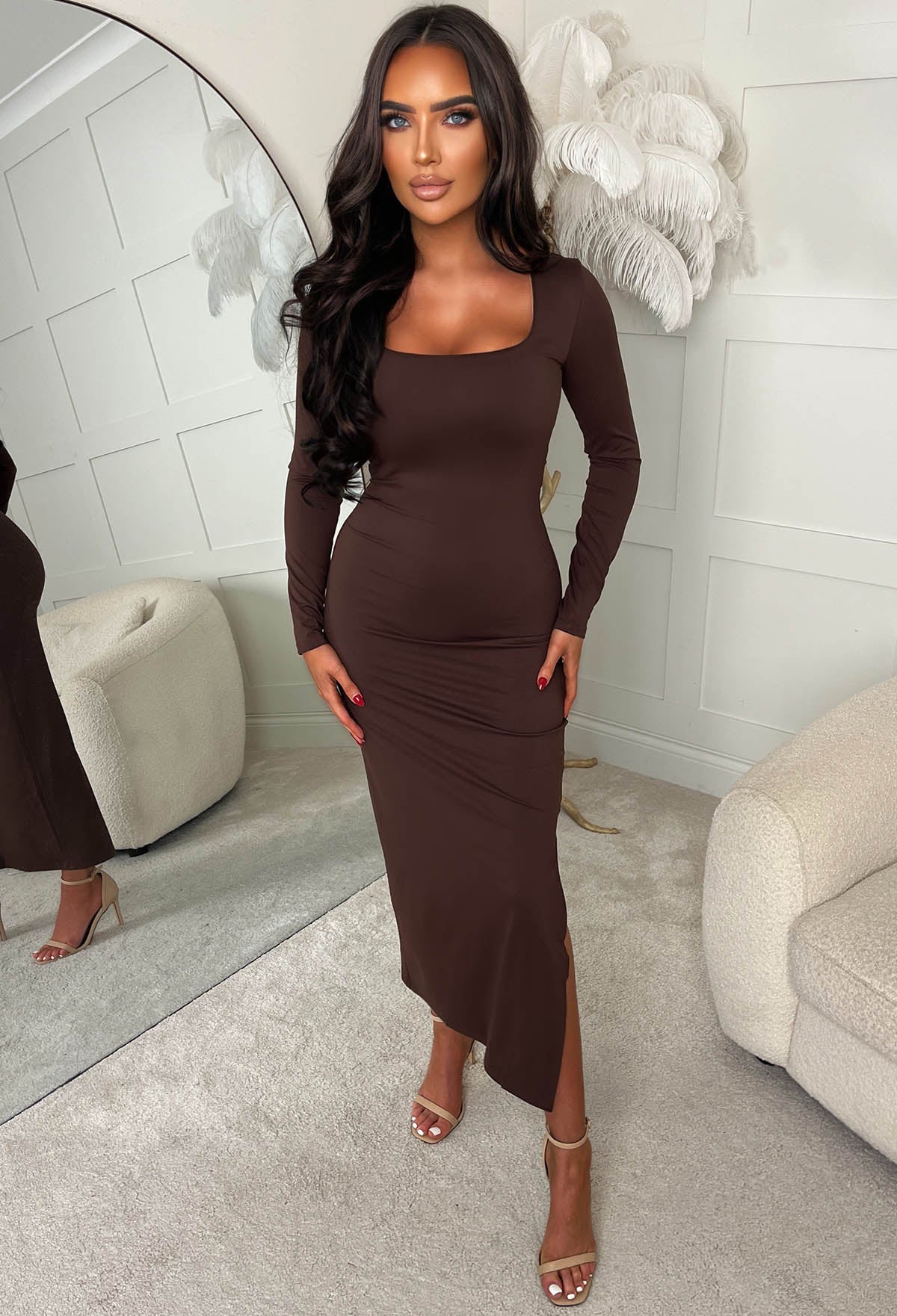 Basically I'm Yours Brown Square Neck Long Sleeve Bodycon Dress