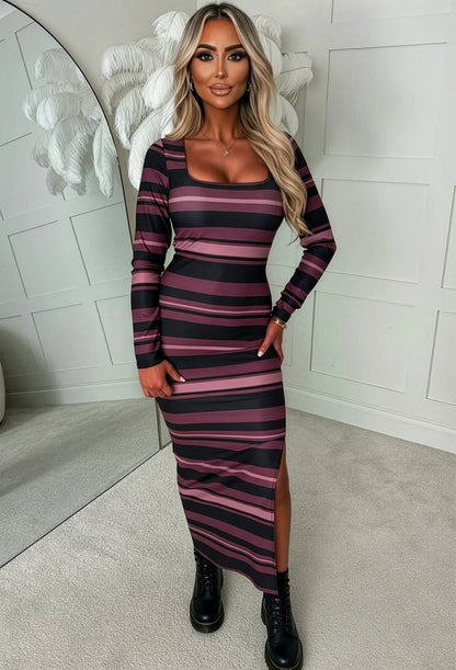 Basically I'm Yours Burgundy Stripe Square Neck Long Sleeve Midi Dress