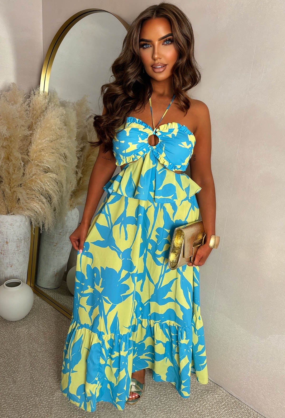 Beach Club Chic Lime Ring Front Cut Out Halter Maxi Dress