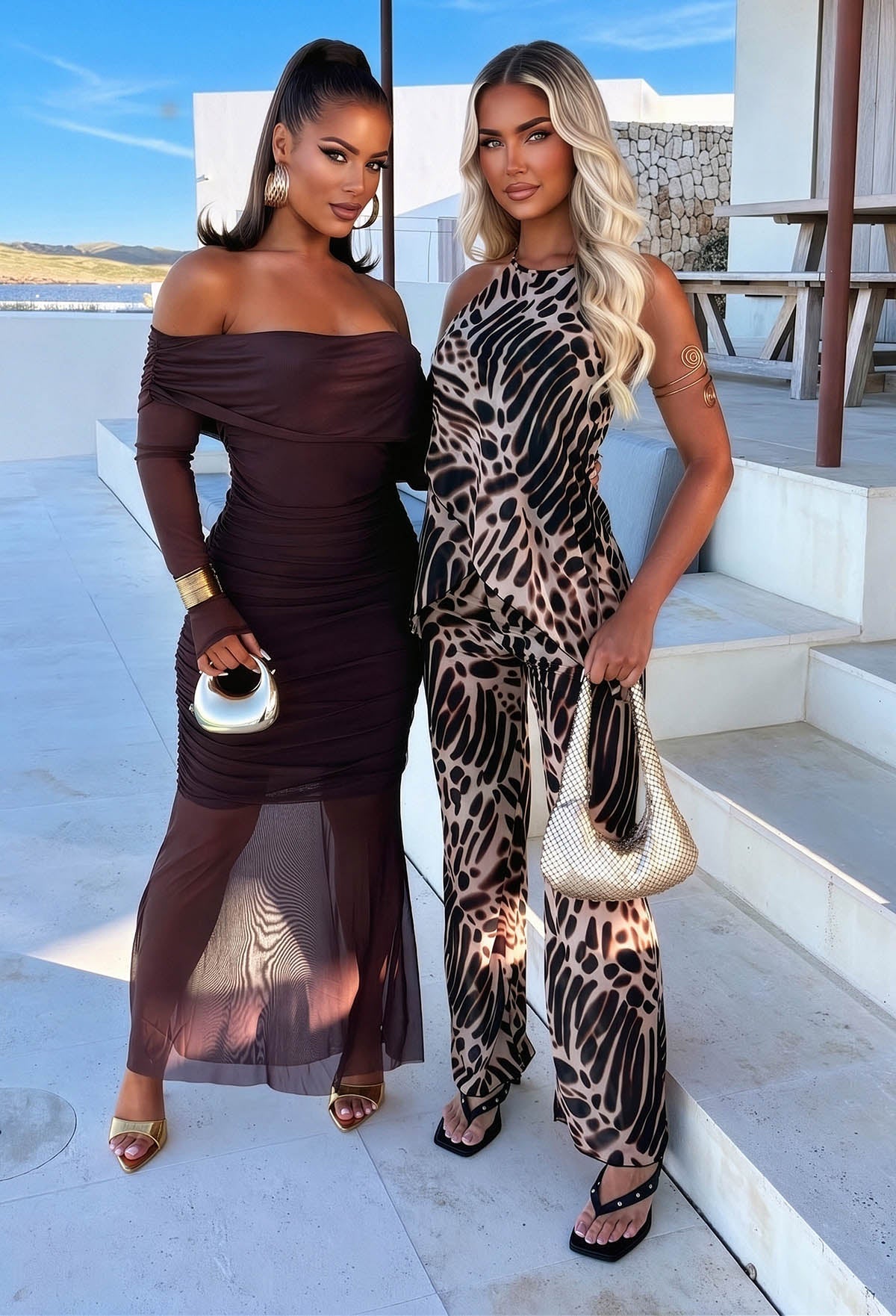 Bella Forever Chocolate Brown Mesh Bardot Mini Maxi Dress