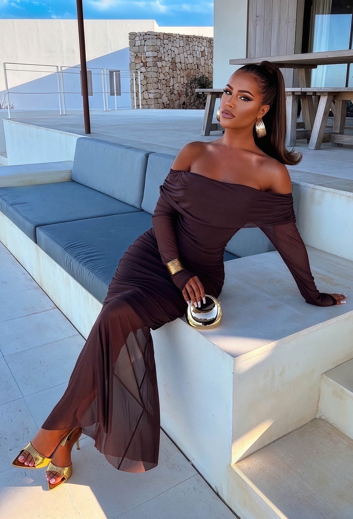 Bella Forever Chocolate Brown Mesh Bardot Mini Maxi Dress