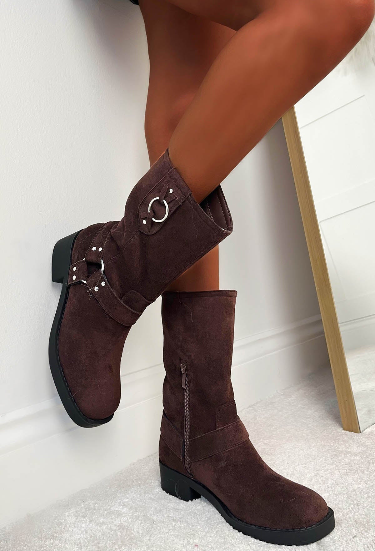 Biker Baby Brown Faux Suede Strap Biker Boots