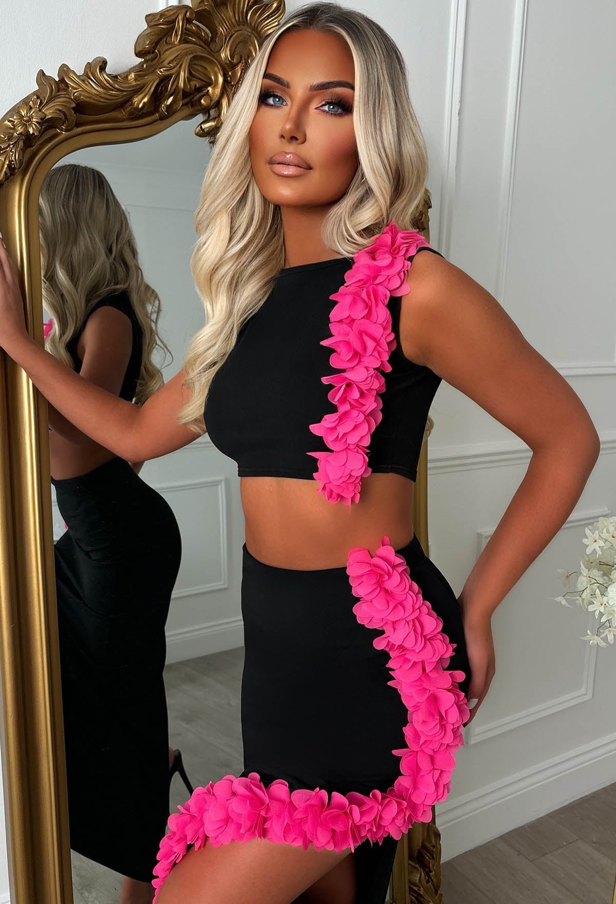 Billionaire Beauty Black Ruffle Midi Side Split Co-Ord Set