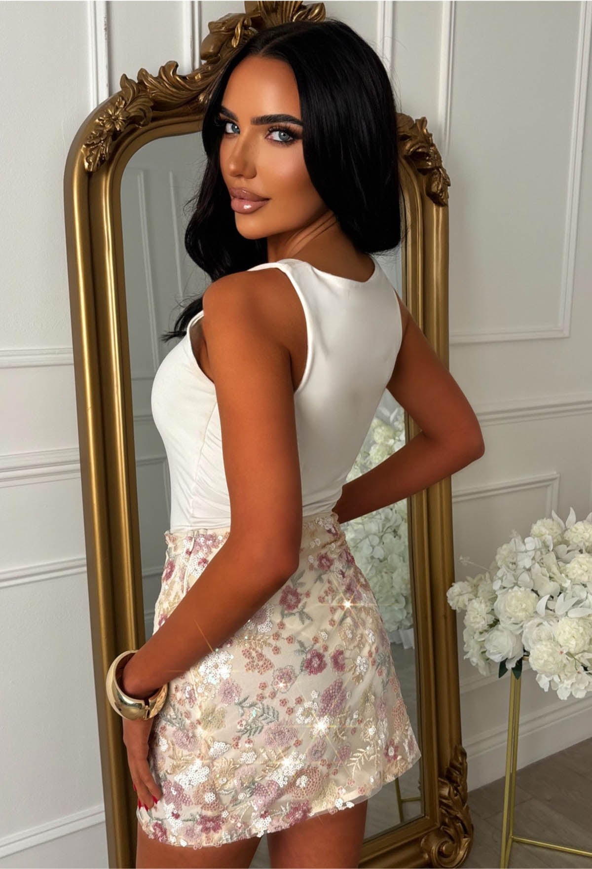 Blooming Delight Nude Flower Applique Mini Skirt