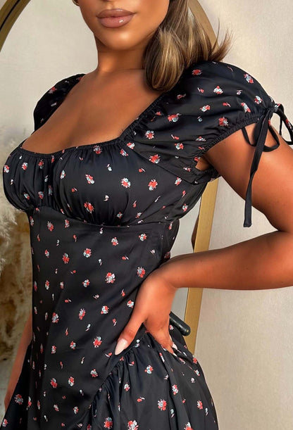 Blossom Babe Black Floral Print Mini Dress With Ruched Neckline