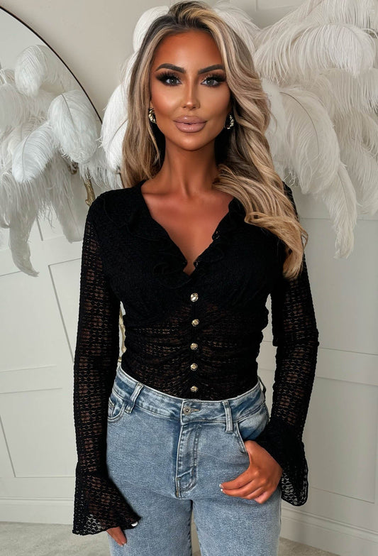 Blushing Silhouette Black Ruffle Ruched Bodysuit
