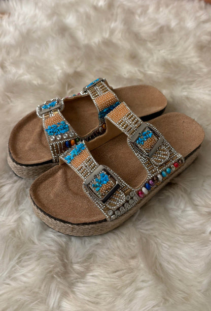 Boho Bali Natural Beaded Adjustable Raffia Sandals Wedges