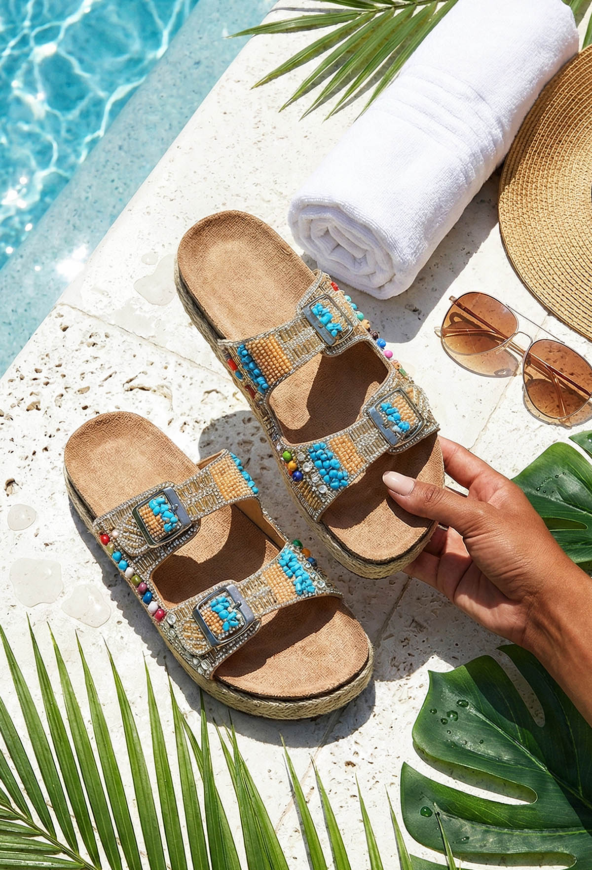 Boho Bali Natural Beaded Adjustable Raffia Sandals Wedges