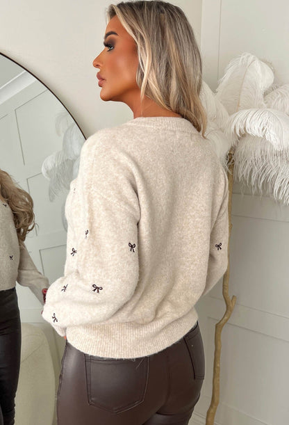 Bow Beauty Beige Embroidered Cardigan
