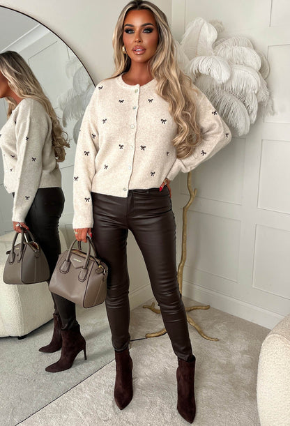 Bow Beauty Beige Embroidered Cardigan