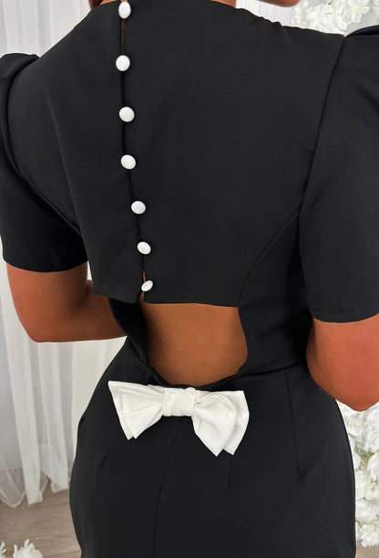 Buttoned Beauty Black Bow Back Mini Dress