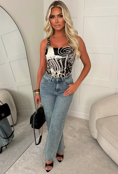 Can't Be Tamed Black Mixed Animal Print Square Neck Bodysuit