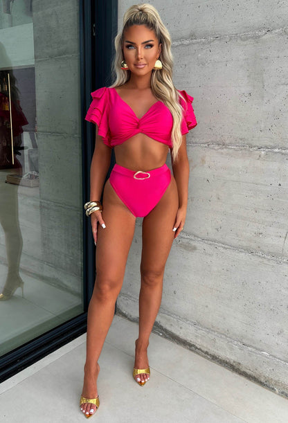 Caribbean Hot Pink Ruffle Detail Bikini With Mock Belt High Waist Brief