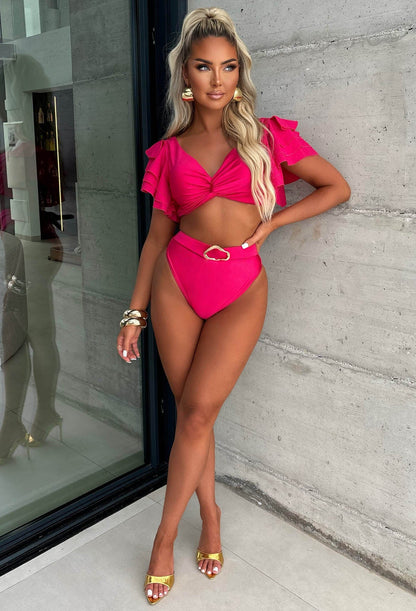 Caribbean Hot Pink Ruffle Detail Bikini With Mock Belt High Waist Brief