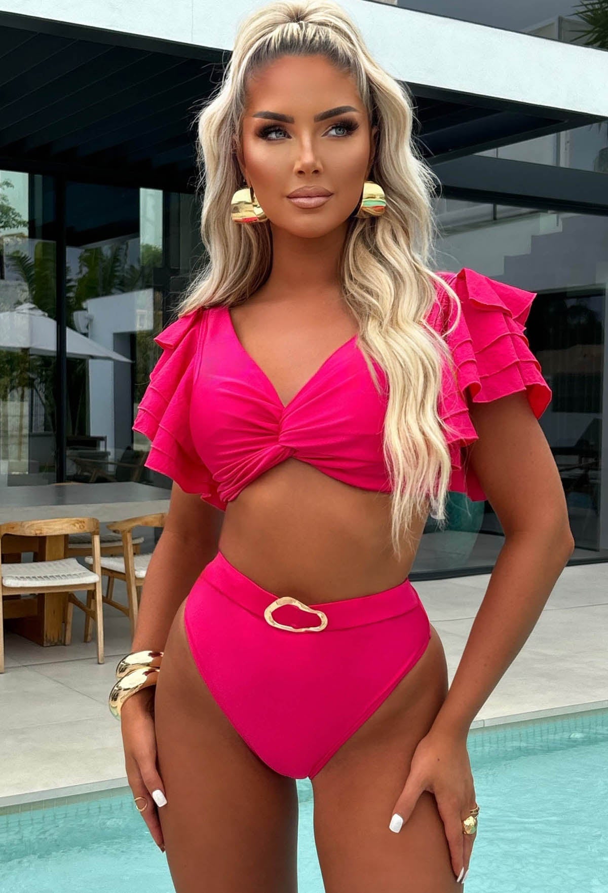 Caribbean Hot Pink Ruffle Detail Bikini With Mock Belt High Waist Brief