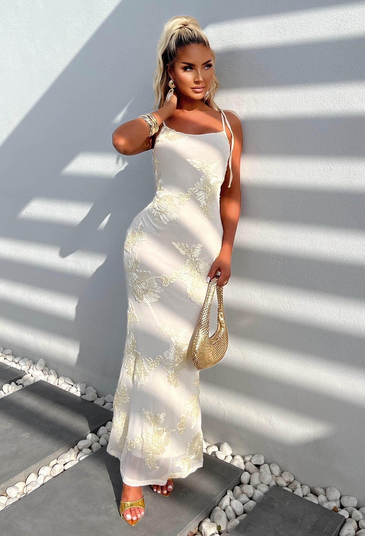 Champagne & Sunsets Cream Ribbon Flower Maxi Dress