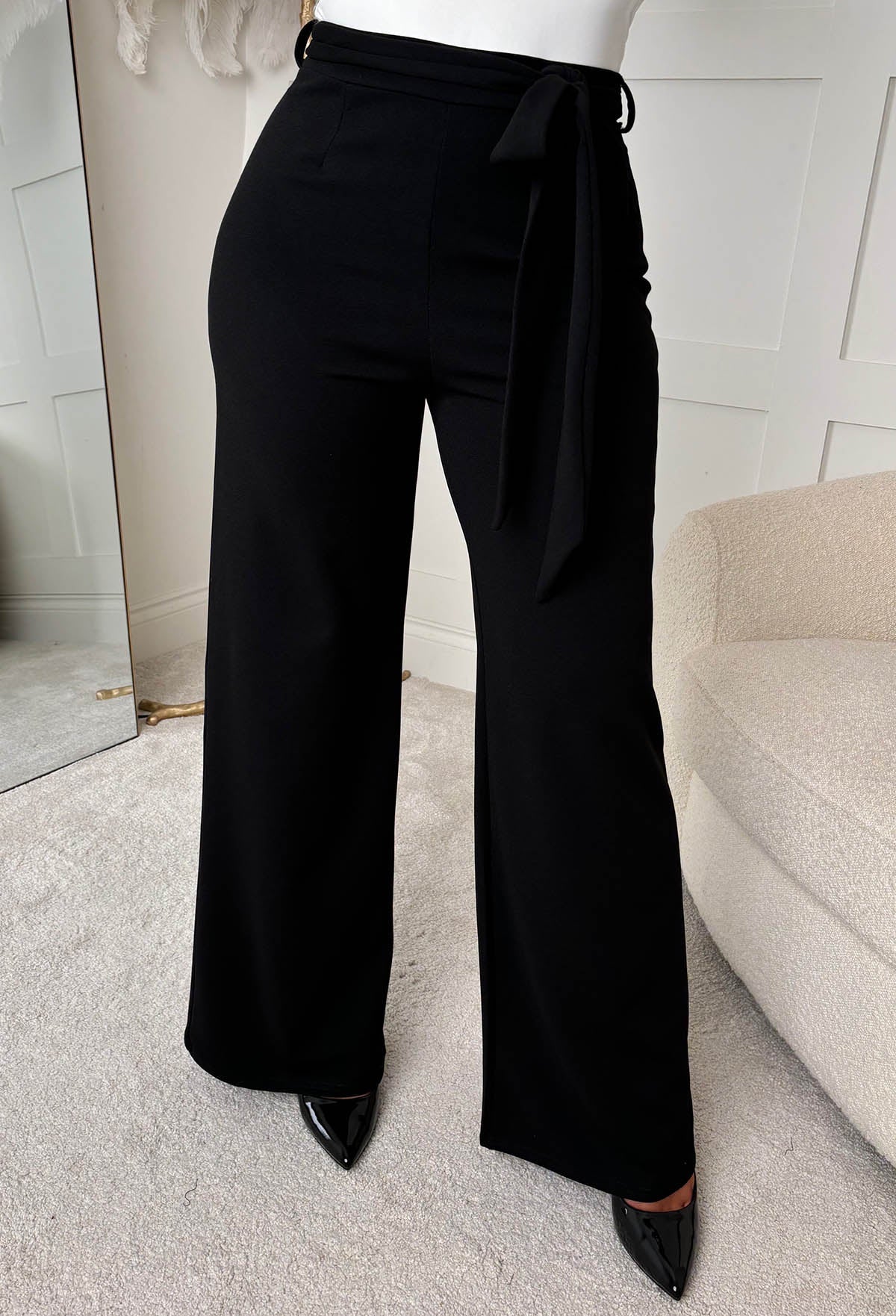 Chic Couture Black Belted Wide Leg Trousers