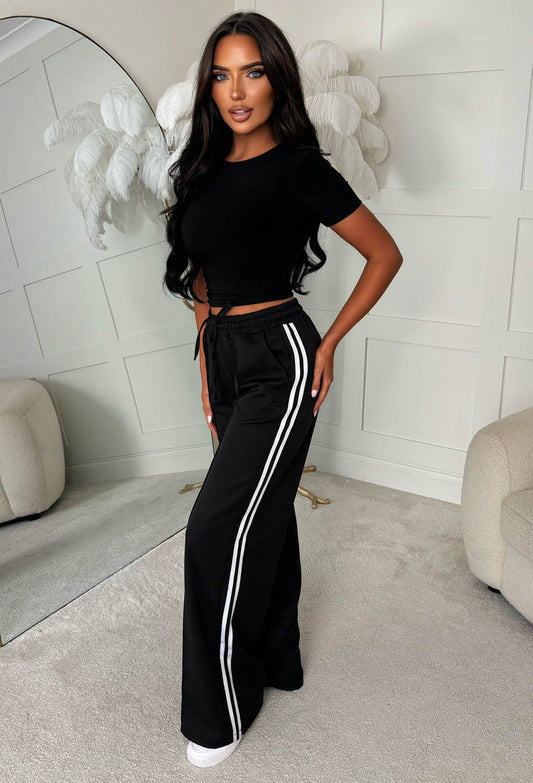 Chic & Cutesie Black Contrast Side Striped Drawstring Trousers