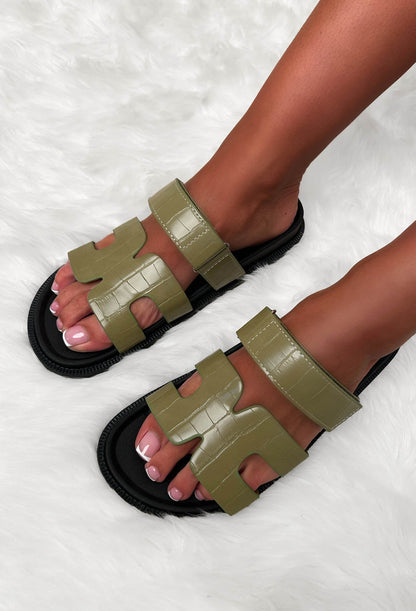 Chic In Summer Khaki Faux Leather Sandals