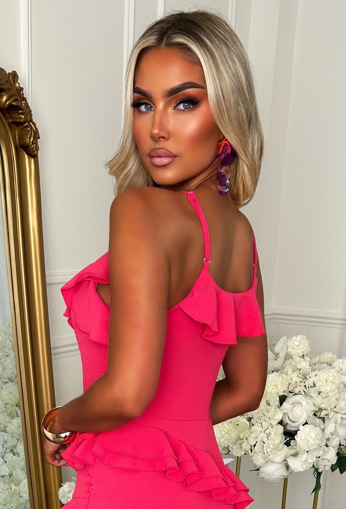 Chica Energy Fuchsia Asymetric Ruffle Hem Mini Maxi Dress