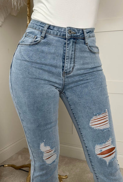 Christiane Ripped Light Wash Stretch Push Up Flared Jeans