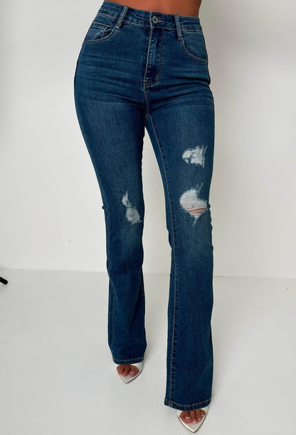 Christiane Ripped Mid Blue Stretch Push Up Flared Jeans