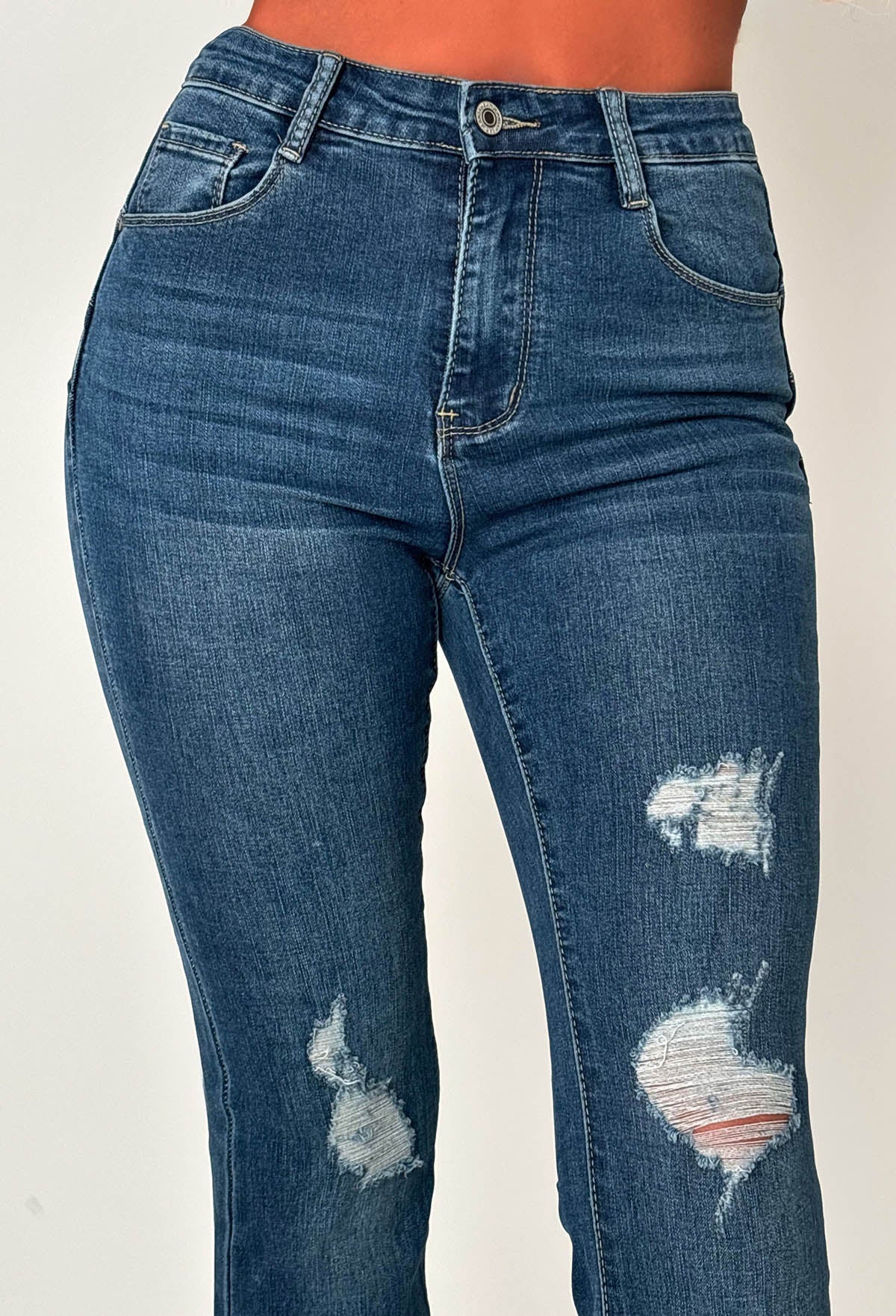 Christiane Ripped Mid Blue Stretch Push Up Flared Jeans