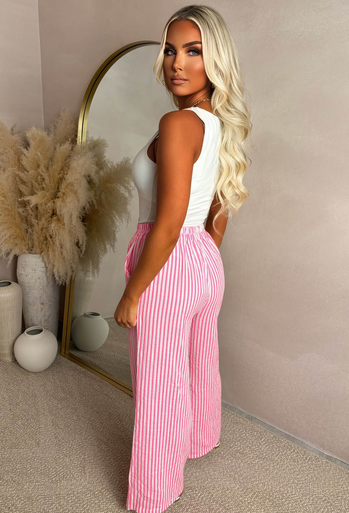 Citrus Bliss Pink Striped Elasticated Waist Trousers