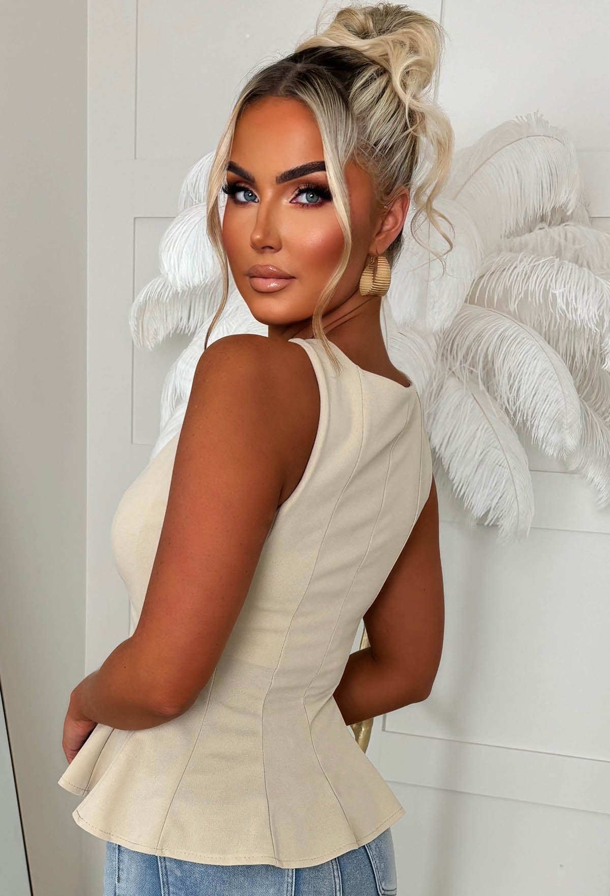 Classic Girl Beige Tailored Peplum Top