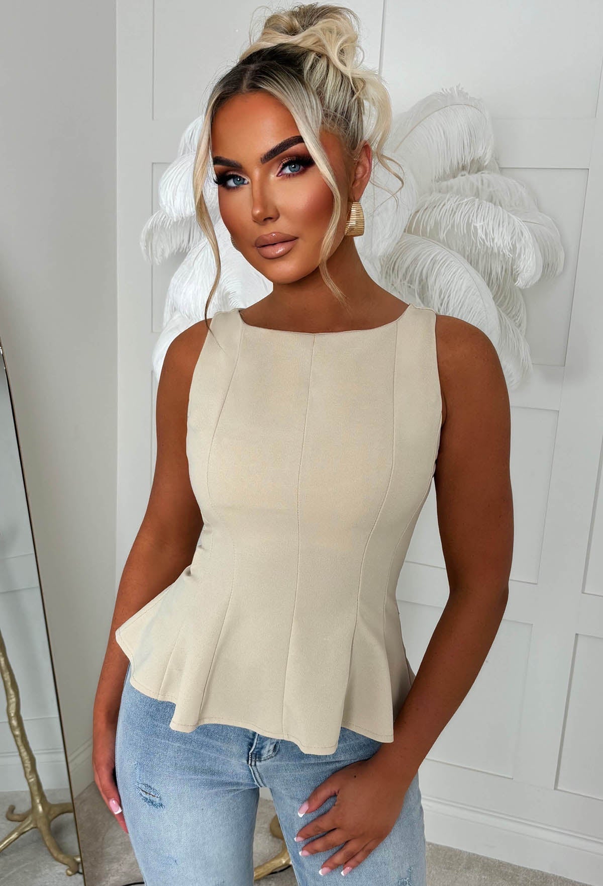 Classic Girl Beige Tailored Peplum Top