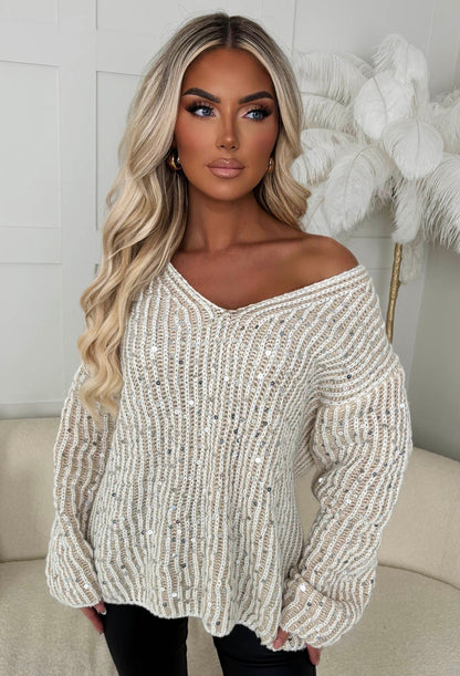 Cleo Beige Chunky Knit Sequin Jumper