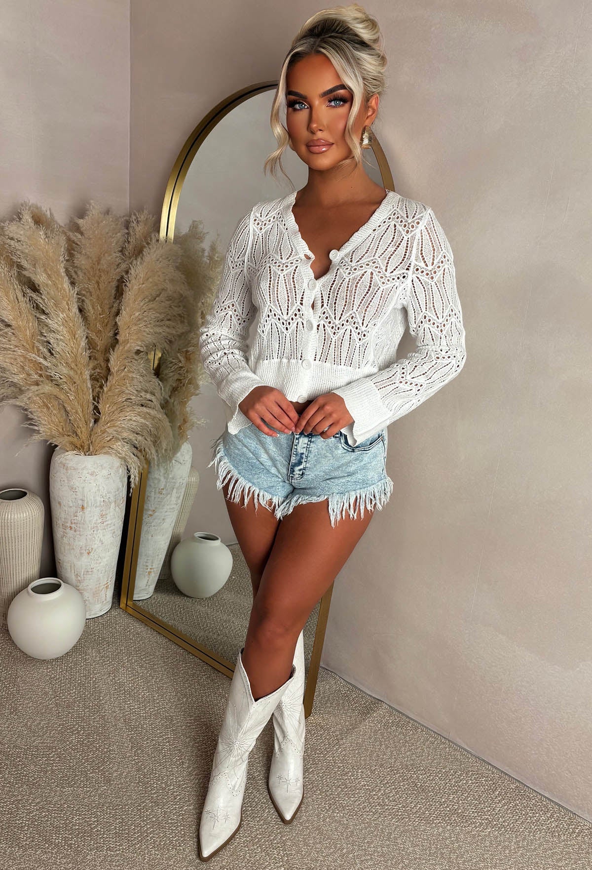 Coastal Chic Cream Crochet Knitted Cardigan