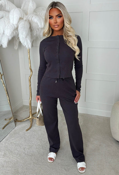 Comfort Me Charcoal Ribbed Long Sleeve Co-Ord Set