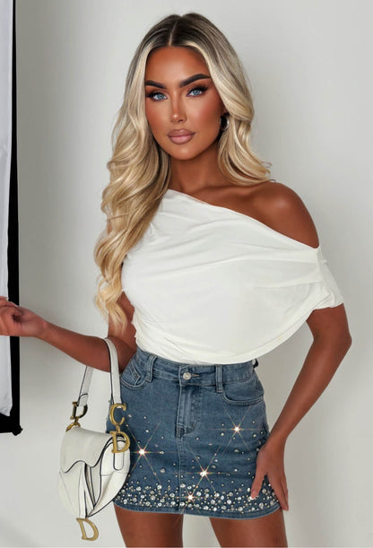 Coming For You Mid Blue Stretch Denim Embellished Skirt