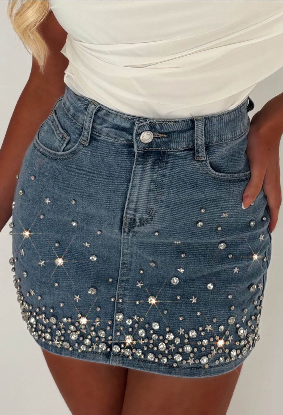 Coming For You Mid Blue Stretch Denim Embellished Skirt