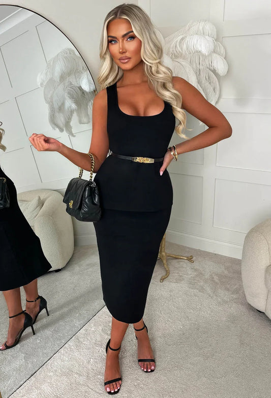 Compliment Me Black Belted Knitted Midi Skirt Co-ord Set