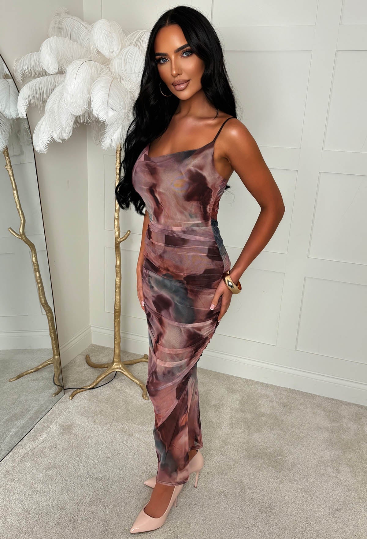 Contrast Crush Brown Printed Cowl Neck Mesh Cami Midi Dress
