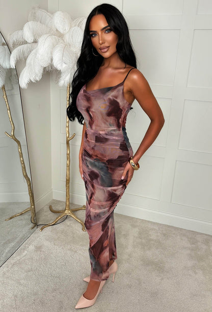Contrast Crush Brown Printed Cowl Neck Mesh Cami Midi Dress