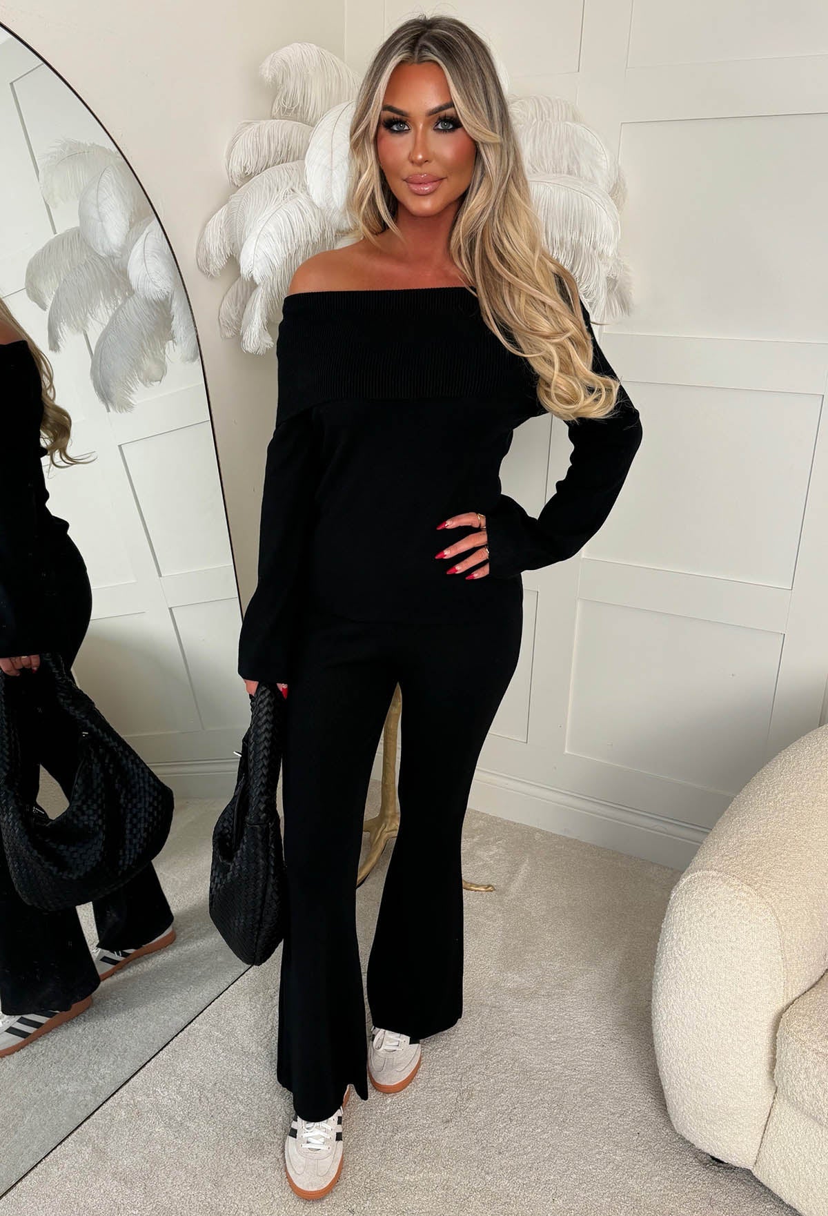 Cosy In The City Black Bardot Knit Top & Flare Trouser Set