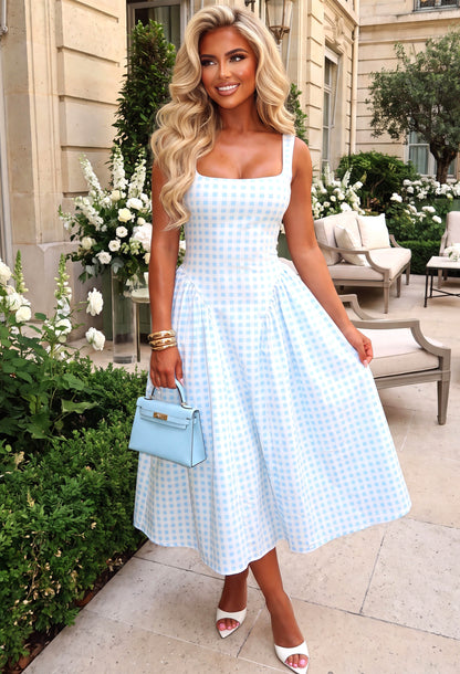 Country Charm Blue Gathered Skirt Gingham Midi Dress