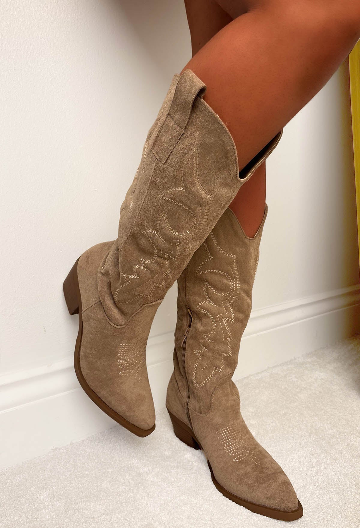 Cowboy Chic Taupe Embroidered Western Mid Calf Boots