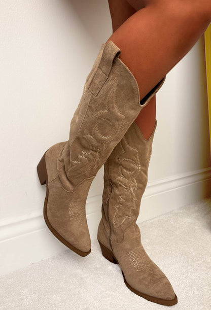 Cowboy Chic Taupe Embroidered Western Mid Calf Boots