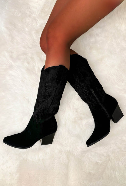 Cowboy Kicks Black Embroidered Western Mid Calf Boots