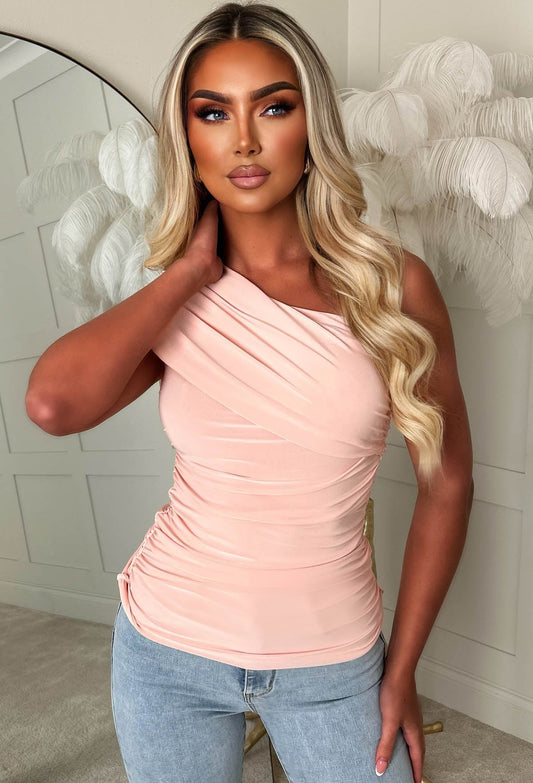 Crush Hour Pink One Shoulder Ruched Top