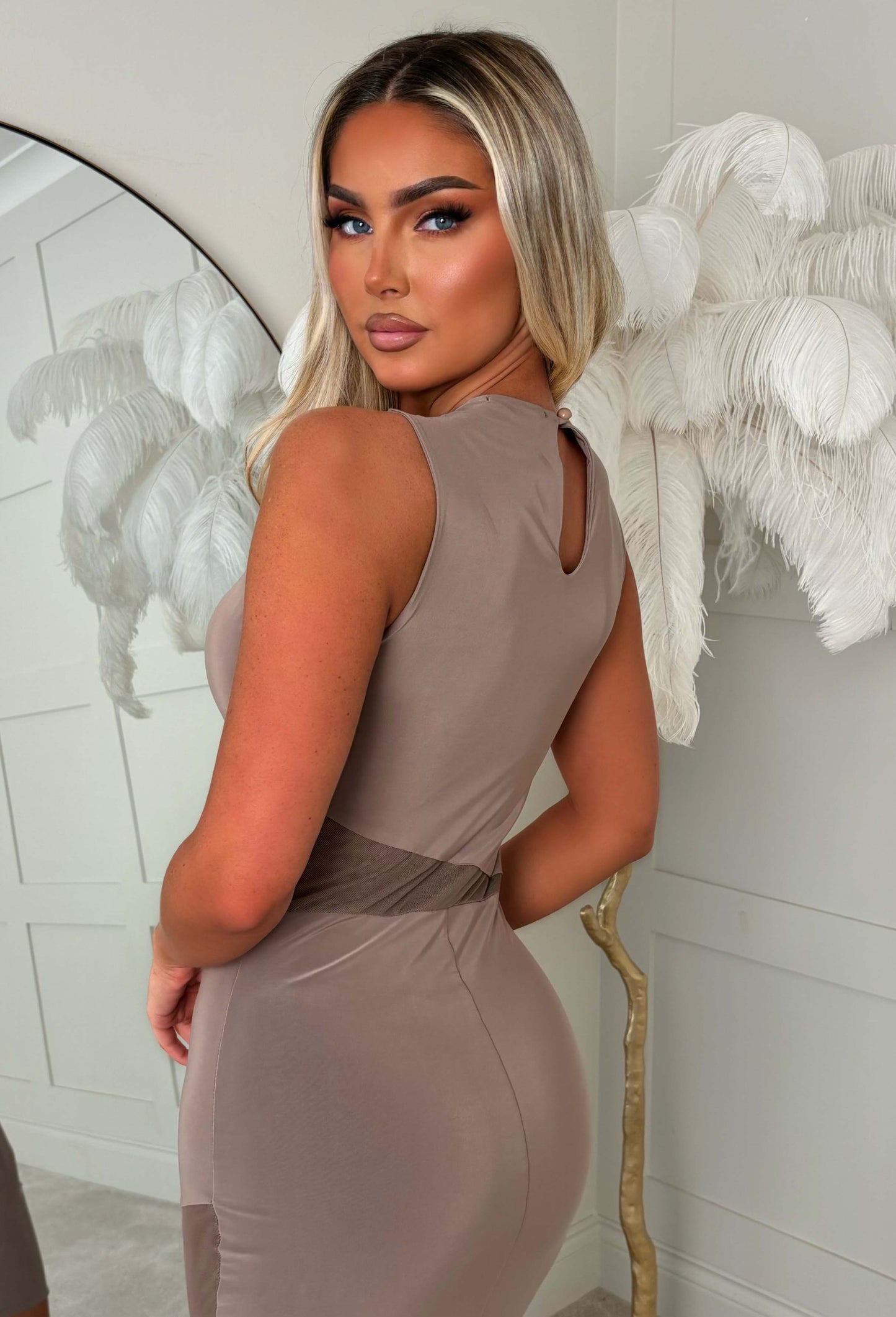 Cut It Out Mocha Mesh Panel Midi Dress
