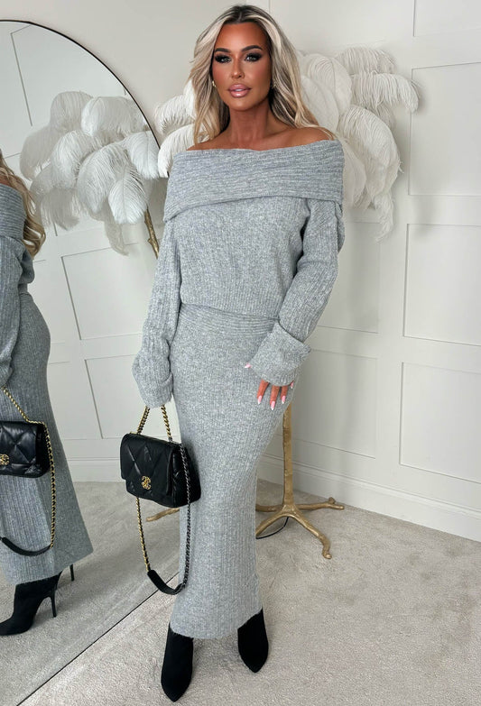 Cute As Grey Knitted Bardot Jumper & Maxi Skirt Set