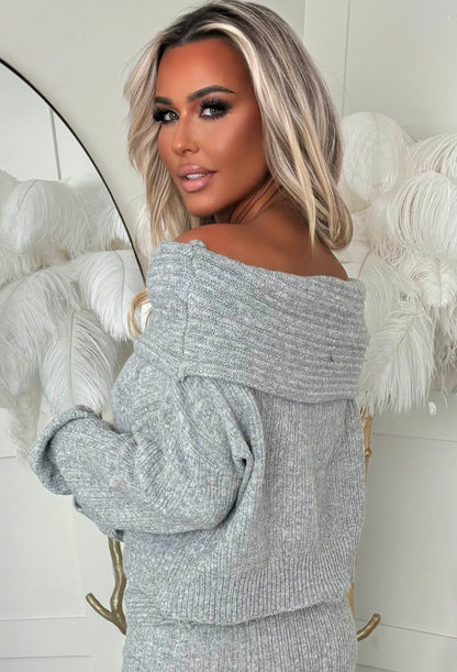Cute As Grey Knitted Bardot Jumper & Maxi Skirt Set