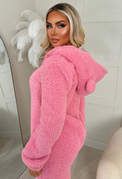 Cute & Cuddly Hot Pink Teddy Bear Hooded Zip Up Onesie